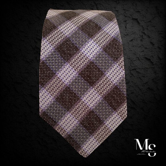 HICKEY FREEMAN Brown Purple PLaids & Cheks Silk Tie Made In USA W: 3.4" EX COND - Picture 6 of 7